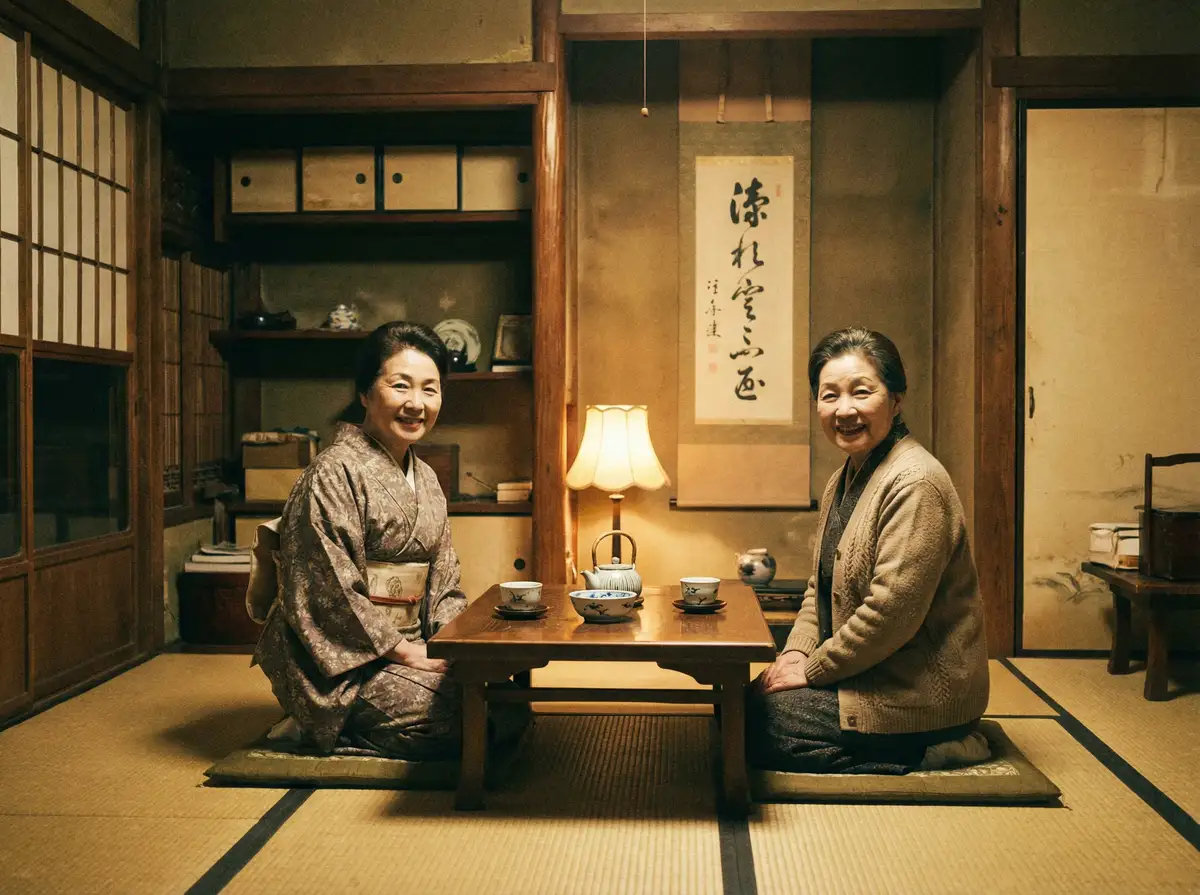 两位优雅的 风流视频 在日式茶室中品茶交谈